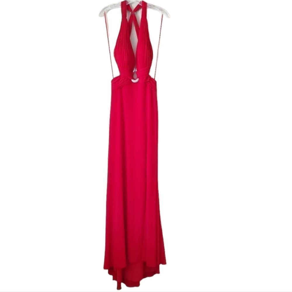 La Femme‎ Women's Maxi Dress Red Size Medium Halter Neck Open Back Glam Prom